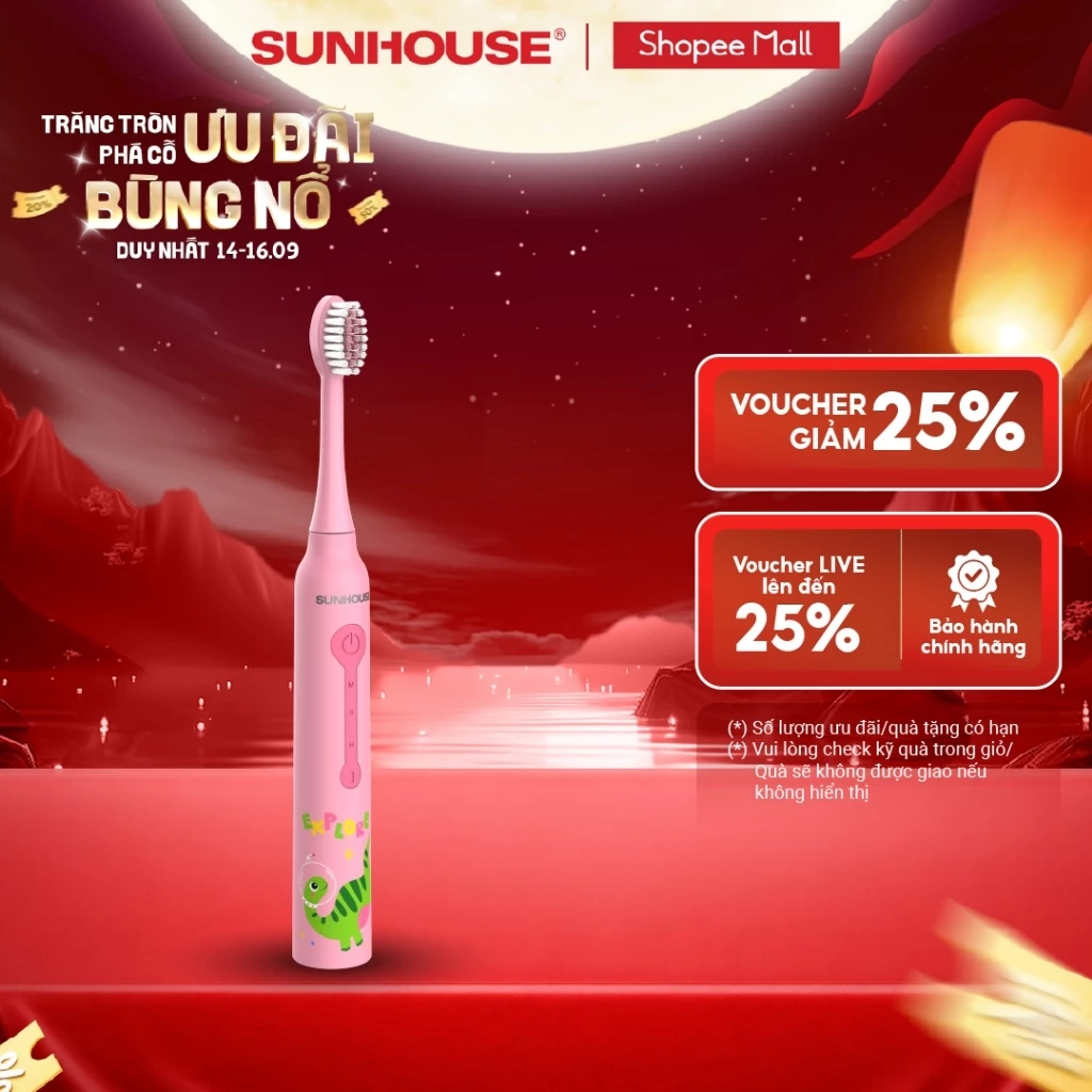 Bàn chải điện trẻ em Sunhouse SHC101x - 3 chế độ chải - An toàn cho răng sữa - Thời lượng pin tới 30 ngày