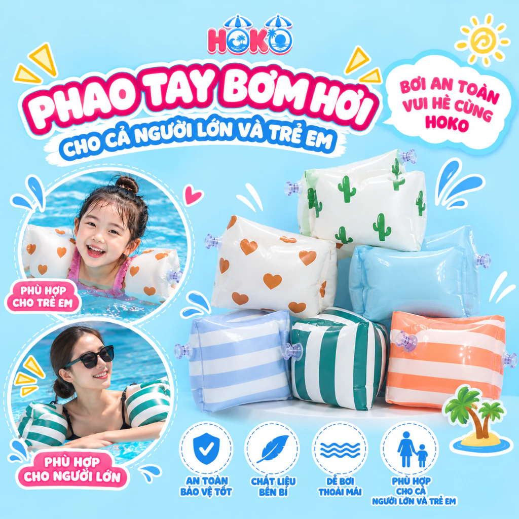 Set 2 chiếc phao tay bơm hơi dành cho người lớn và trẻ em, tập bơi dễ dàng, gọn nhẹ và thoải mái