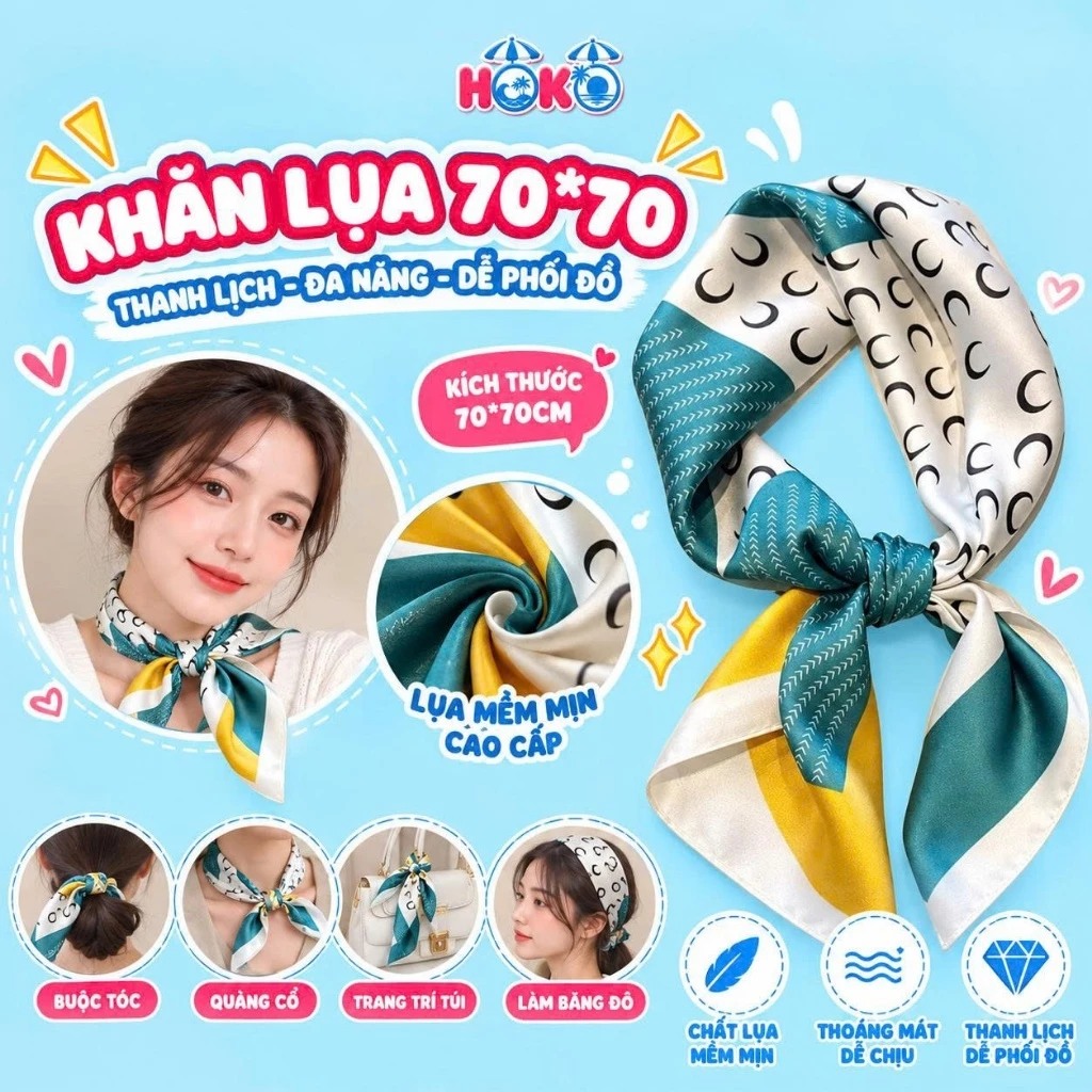 Khăn lụa vuông quàng cổ size 70*70 HOKO khăn choàng cổ turban thắt túi thắt áo bằng lụa