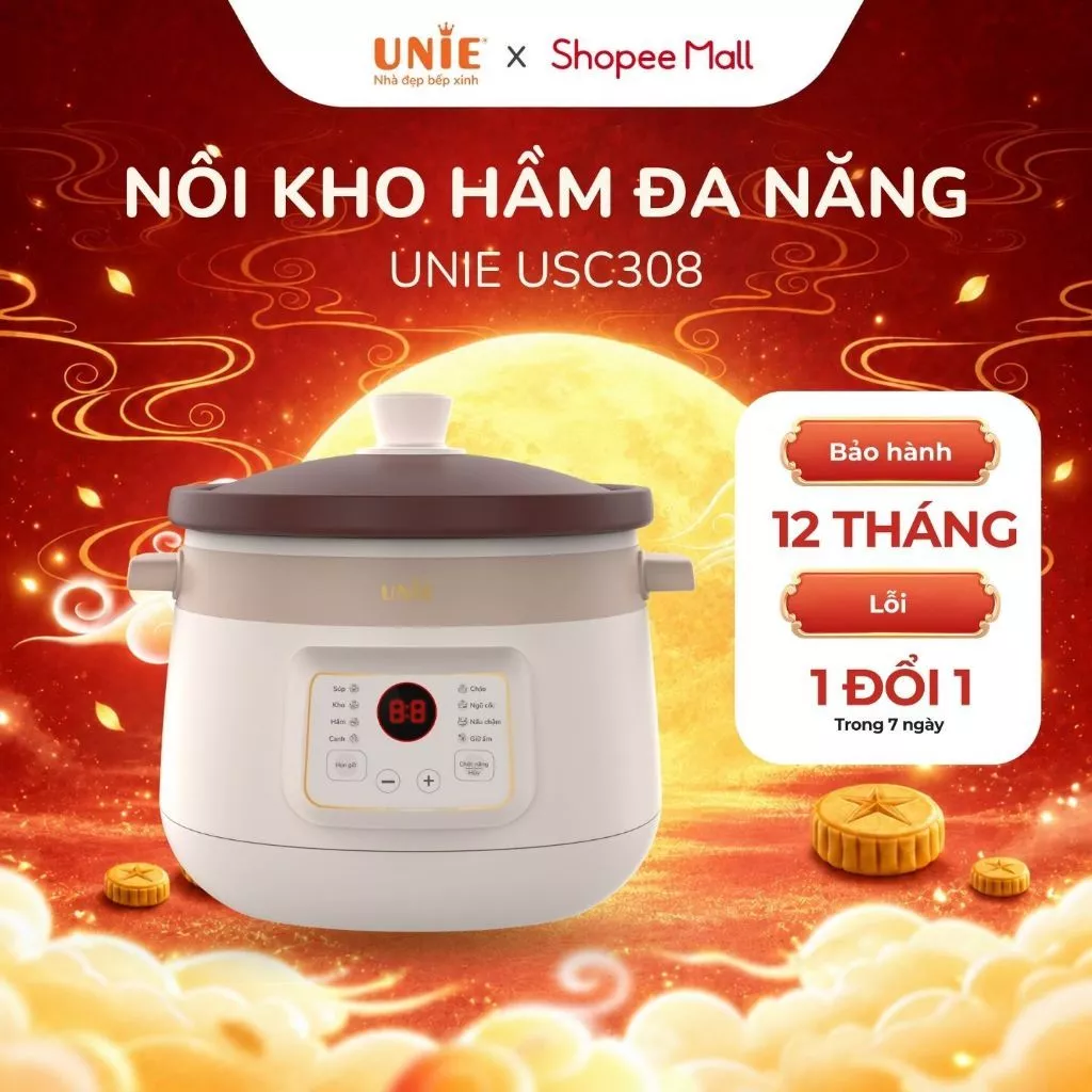 [HỎA TỐC HN] Nồi kho hầm chậm đa năng UNIE USC308, lòng nồi gốm tử sa cao cấp, dung tích 3L, 8 chức năng nấu