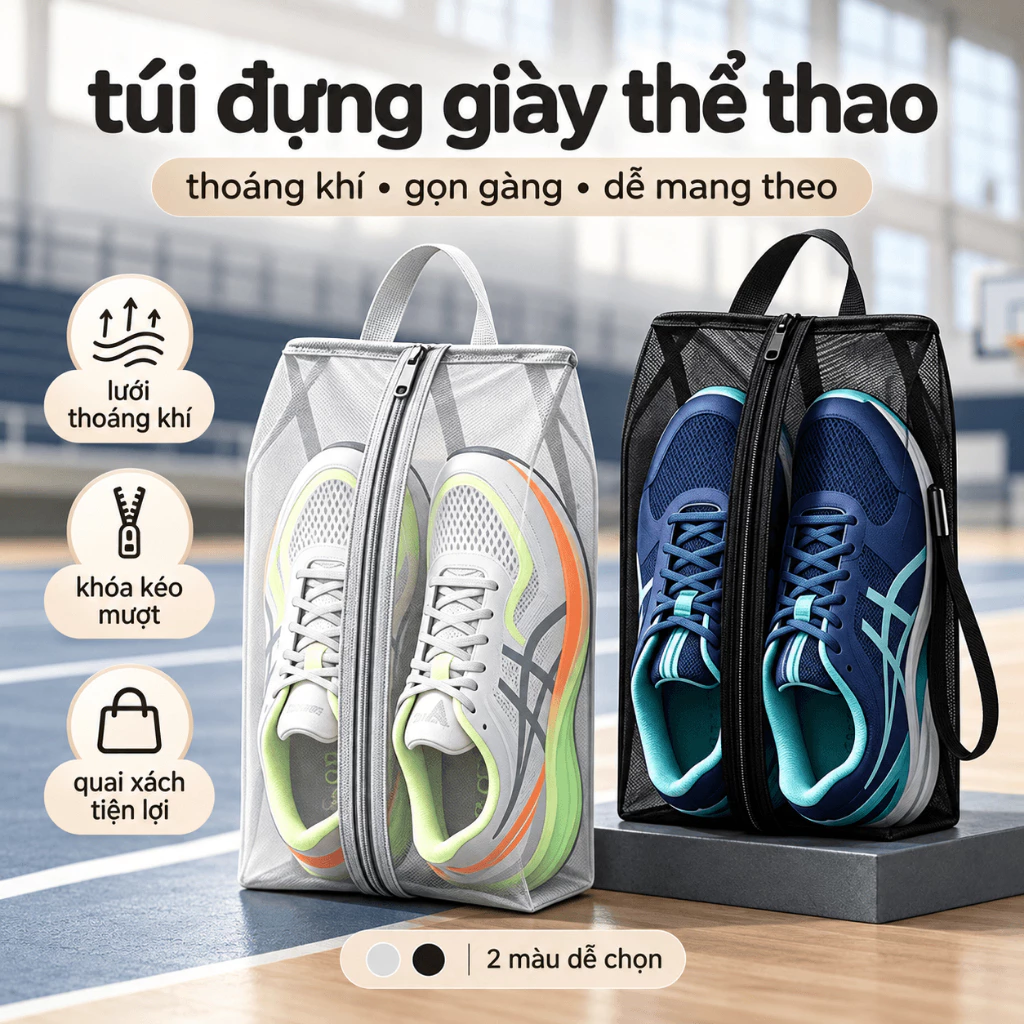 Túi đựng giày thể thao Shiwei trong suốt có quai xách, túi đựng giày cầu lông pickleball gym chống bụi khóa kéo 2001