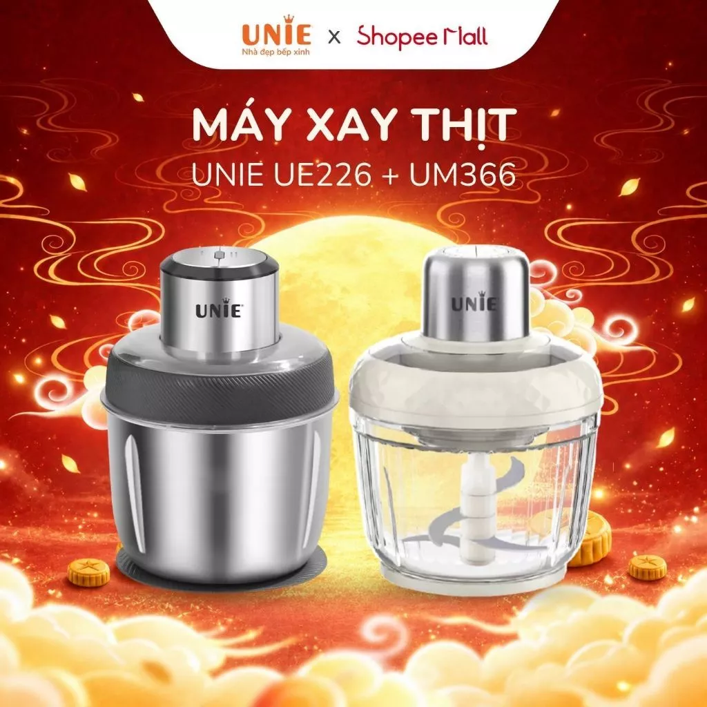 Máy xay thịt UNIE 2 cối, xay đa năng, kèm theo trục Silicon đánh ruốc, lưỡi dao xay inox, bảo hành 12 tháng