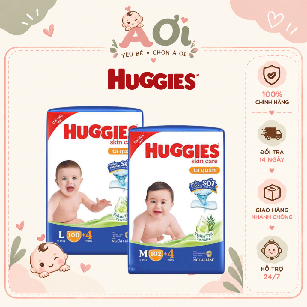 Tã quần Huggies Tràm Trà Skincare Mega Jumbo M102+4/L100+4/XL84+4/XXL76+4