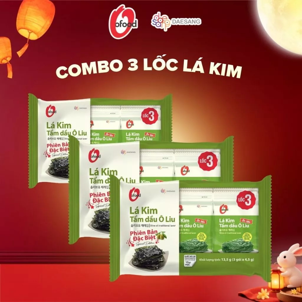 [O'FOOD VN] COMBO 3 LỐC (9 GÓI) RONG BIỂN LÁ KIM TẨM DẦU OLIVE O'FOOD 4.5G – RONG BIỂN ĂN LIỀN GIÒN THƠM, ĂN KÈM CƠM