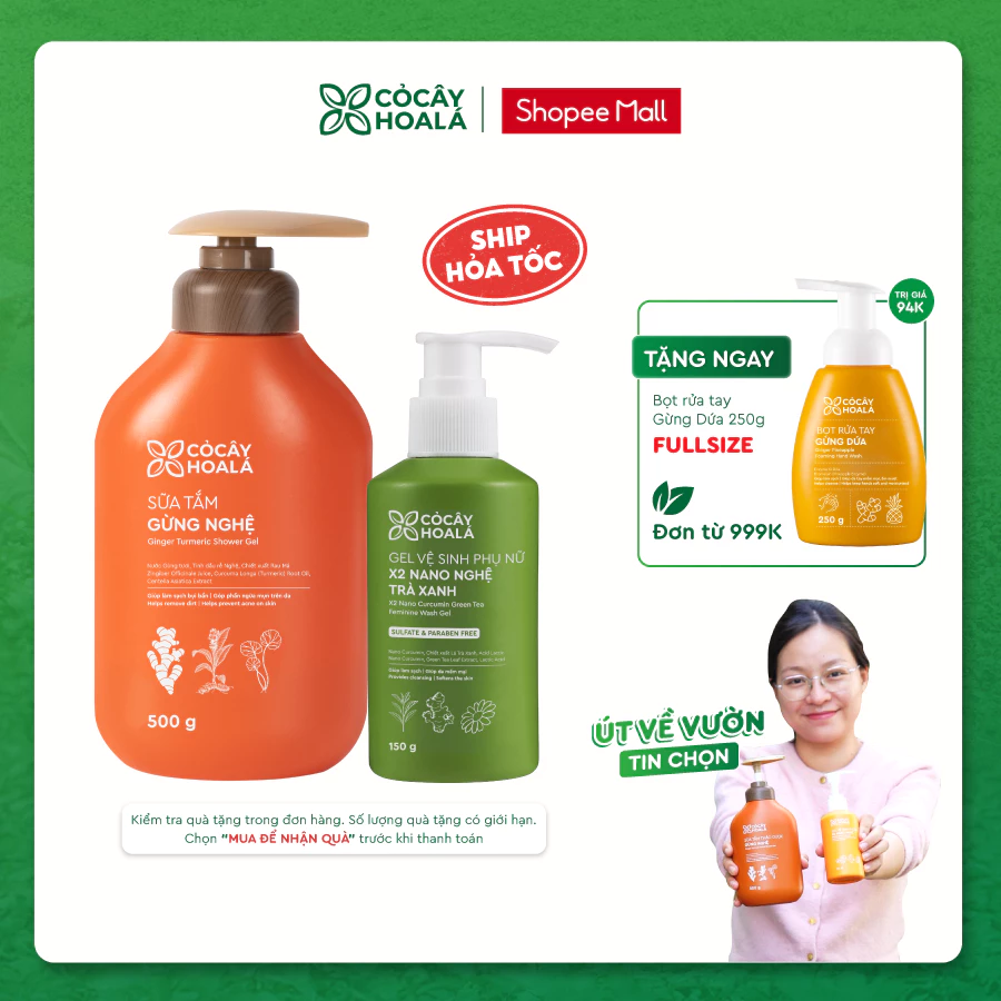 [COMBO DỊU NHẸ BÊN MẸ] Sữa Tắm Gừng Nghệ, Dung dịch vệ sinh phụ nữ Gel X2 Nano nghệ Cỏ Cây Hoa Lá