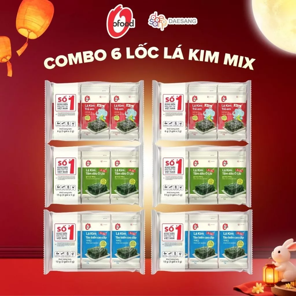 [O'FOOD VN] COMBO 6 LỐC LÁ KIM O'FOOD (18 GÓI) – MIX 3 VỊ: TRẺ EM, TẢO BIỂN, DẦU OLIVE – MỖI VỊ 2 LỐC