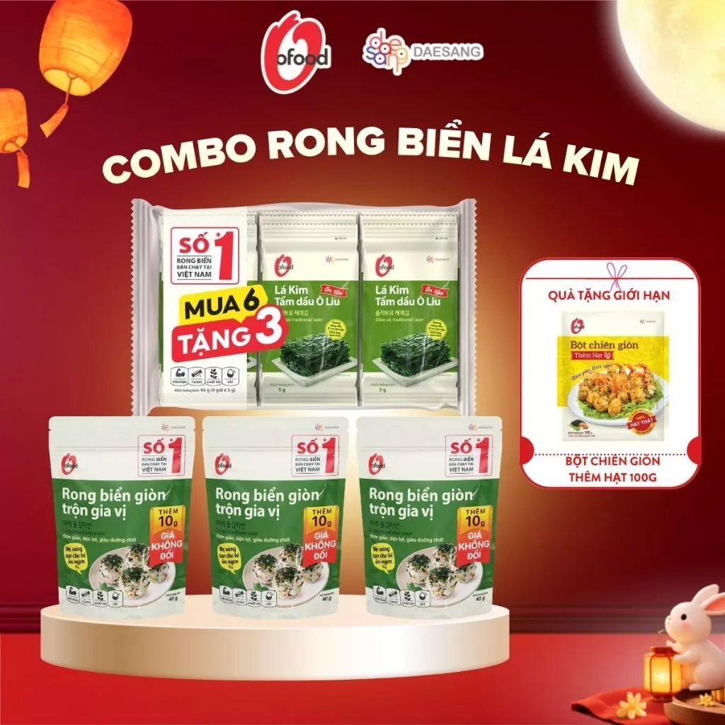 [Tặng 1 gói bột chiên hạt 100g] - Combo rong biển lá kim O'Food (9 gói lá kim ô liu  + 3 rong biển giòn trộn gia vị 40g)