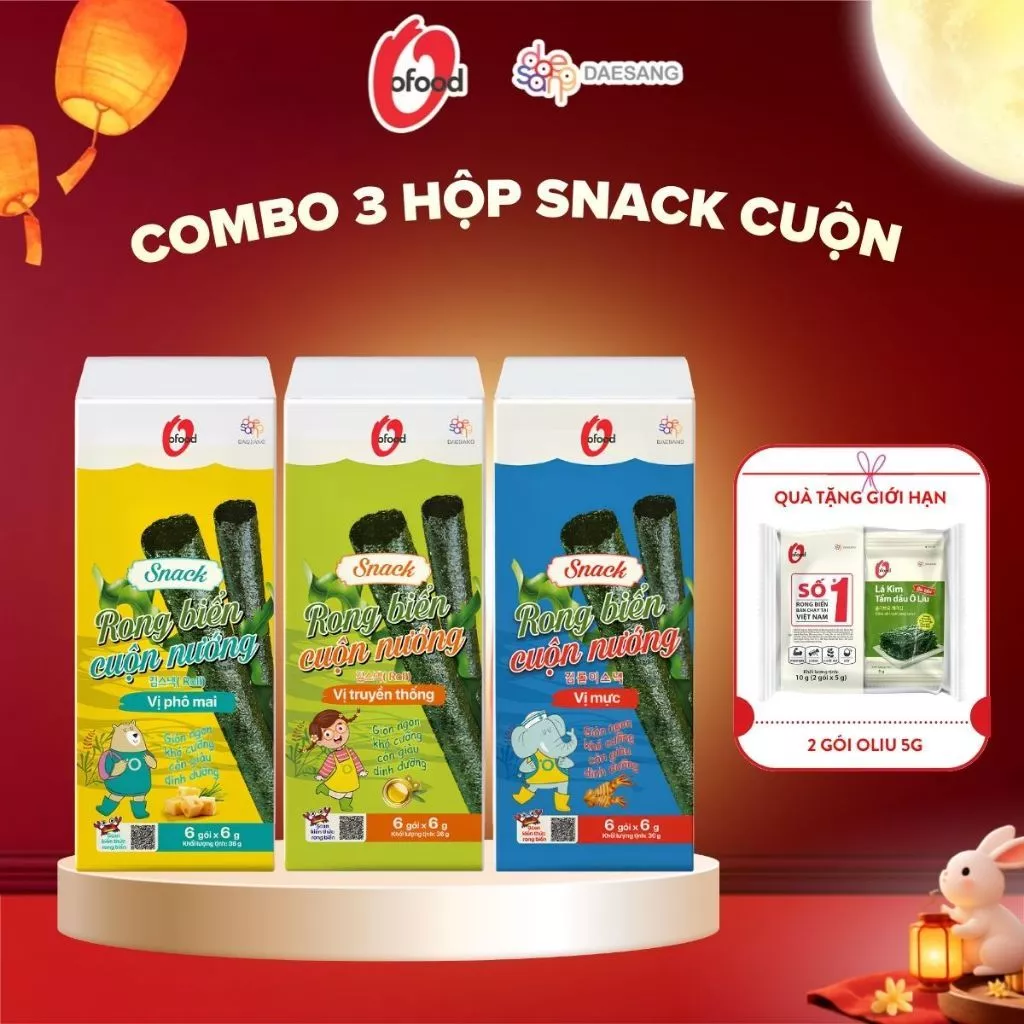 [O'FOOD VN] COMBO 3 HỘP SNACK RONG CUỘN NƯỚNG GIÒN O'FOOD – 36 THANH | TẶNG 1 LỐC 2 GÓI OLIU
