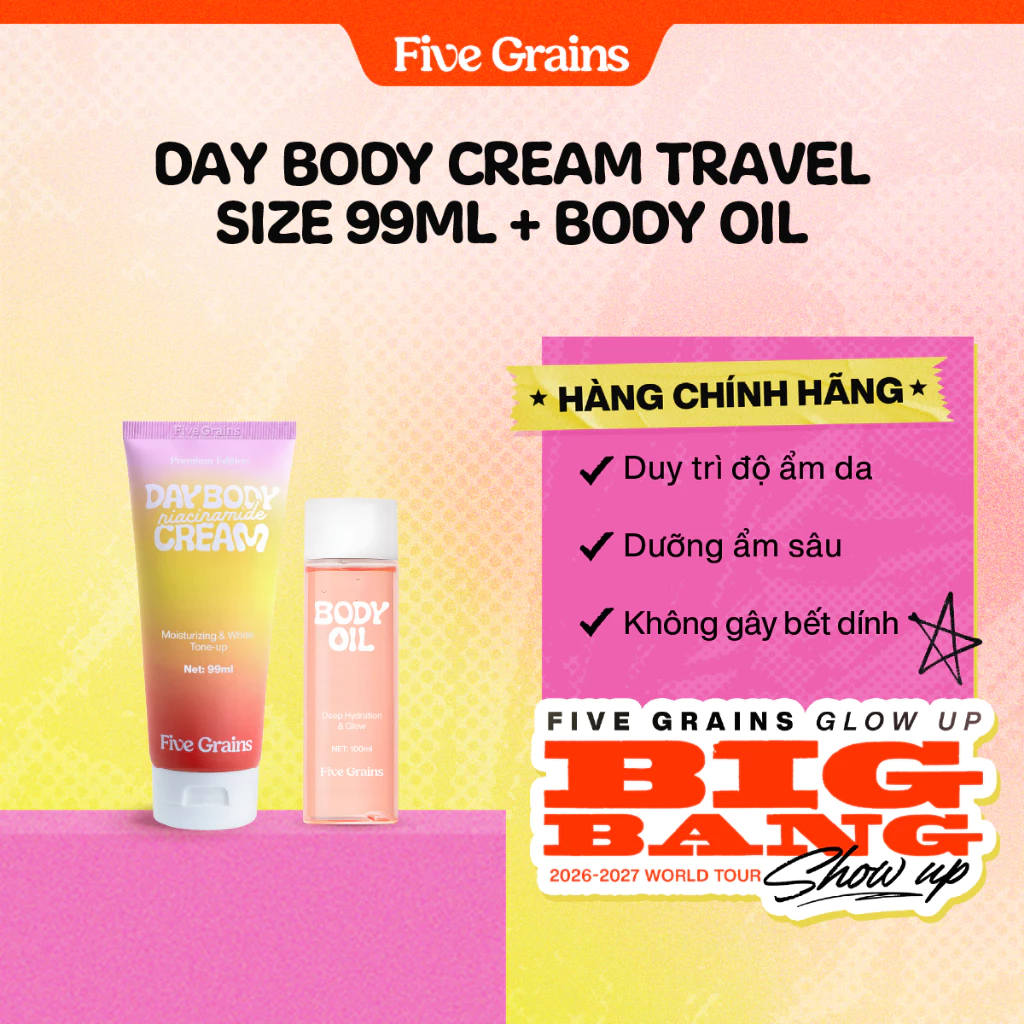Combo Kem dưỡng ban ngày Travel Size 99ml và Body Oil 100ML Five Grains giúp dưỡng ẩm nâng tone trắng sáng da body