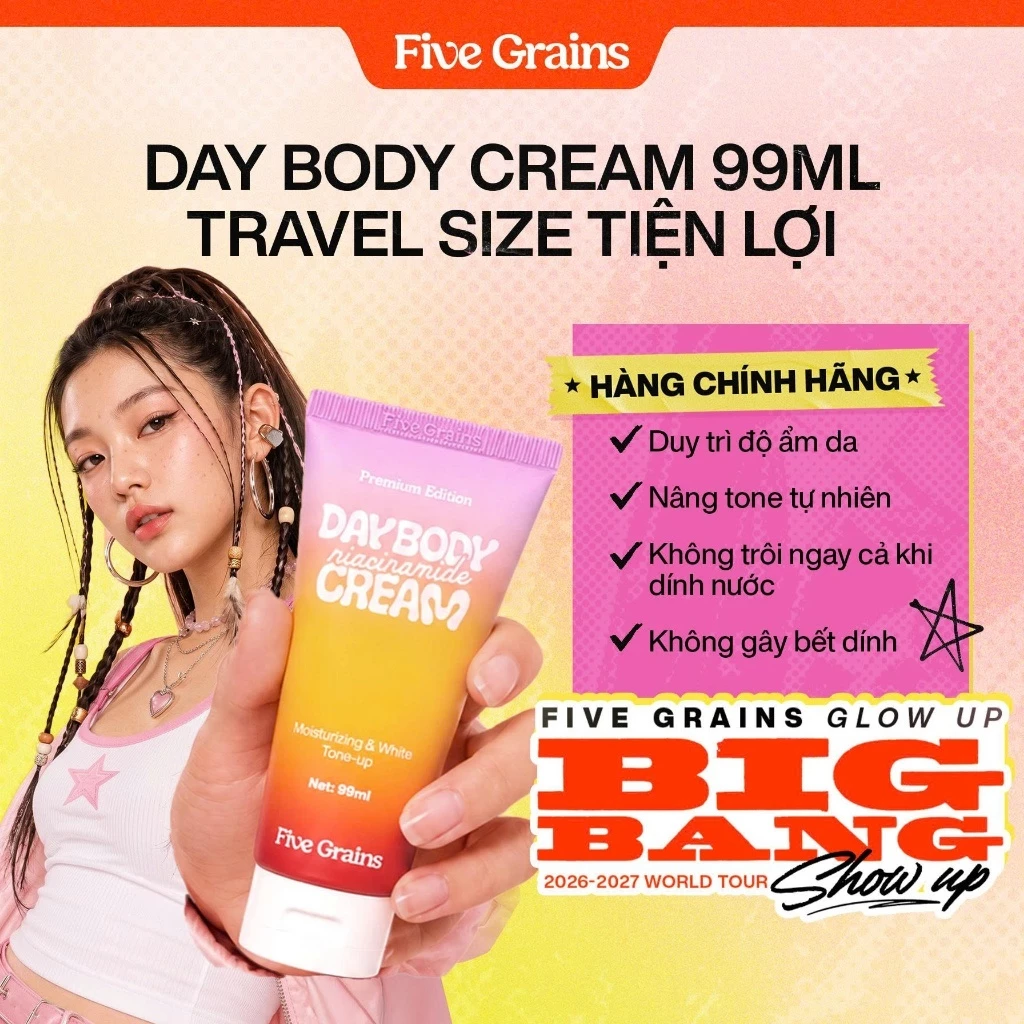 Kem dưỡng Five Grains trắng da Niacinamide, Alpha-Arbutin nâng tone ban ngày Travel Size 99ml