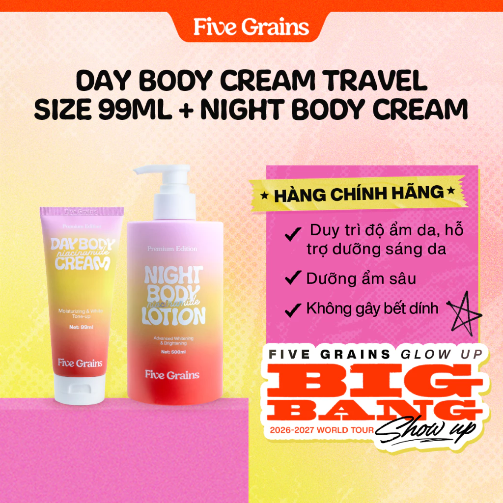 Combo kem dưỡng giúp dưỡng ẩm dưỡng trắng da body ban ngày Travel Size 99ml và ban đêm 500ml Five Grains