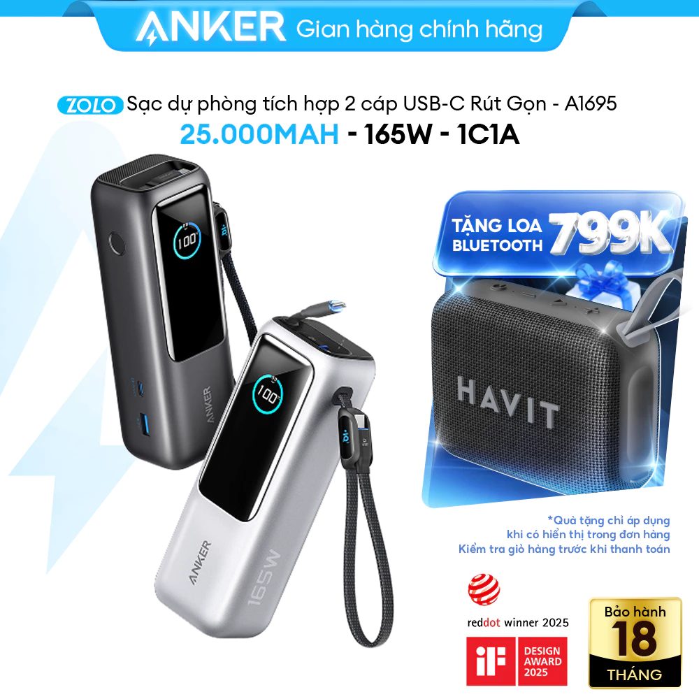 [Tặng loa 799K] Sạc dự phòng ANKER Zolo 25kmAh | Công suất 165W | Tích hợp 2 cáp USB-C rút gọn | Có màn hình - A1695