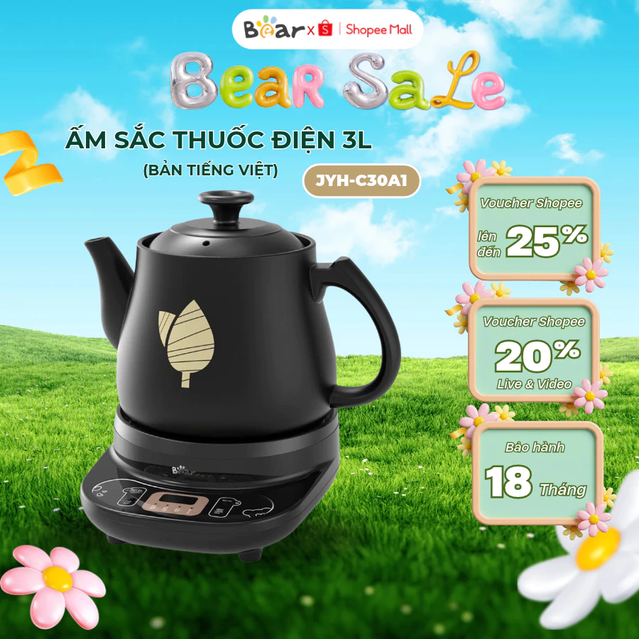 Ấm sắc thuốc bằng điện mini 3L Bear JYH-C30A1, 500W, Đất Sét Và Gốm Sứ Có Chế Độ Hẹn Giờ,BH 18 Tháng