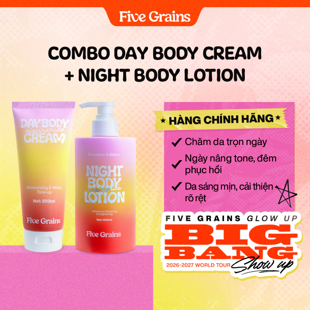 Combo kem dưỡng giúp dưỡng ẩm dưỡng trắng da body ban ngày 200ml và ban đêm 500ml Five Grains Niacinamide, Alpha-Arbutin