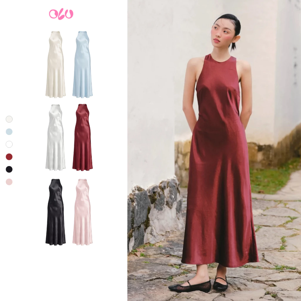 Đầm lụa maxi OLV thắt eo thanh lịch Silky Halter Dress nhiều màu phù hợp đi tiệc