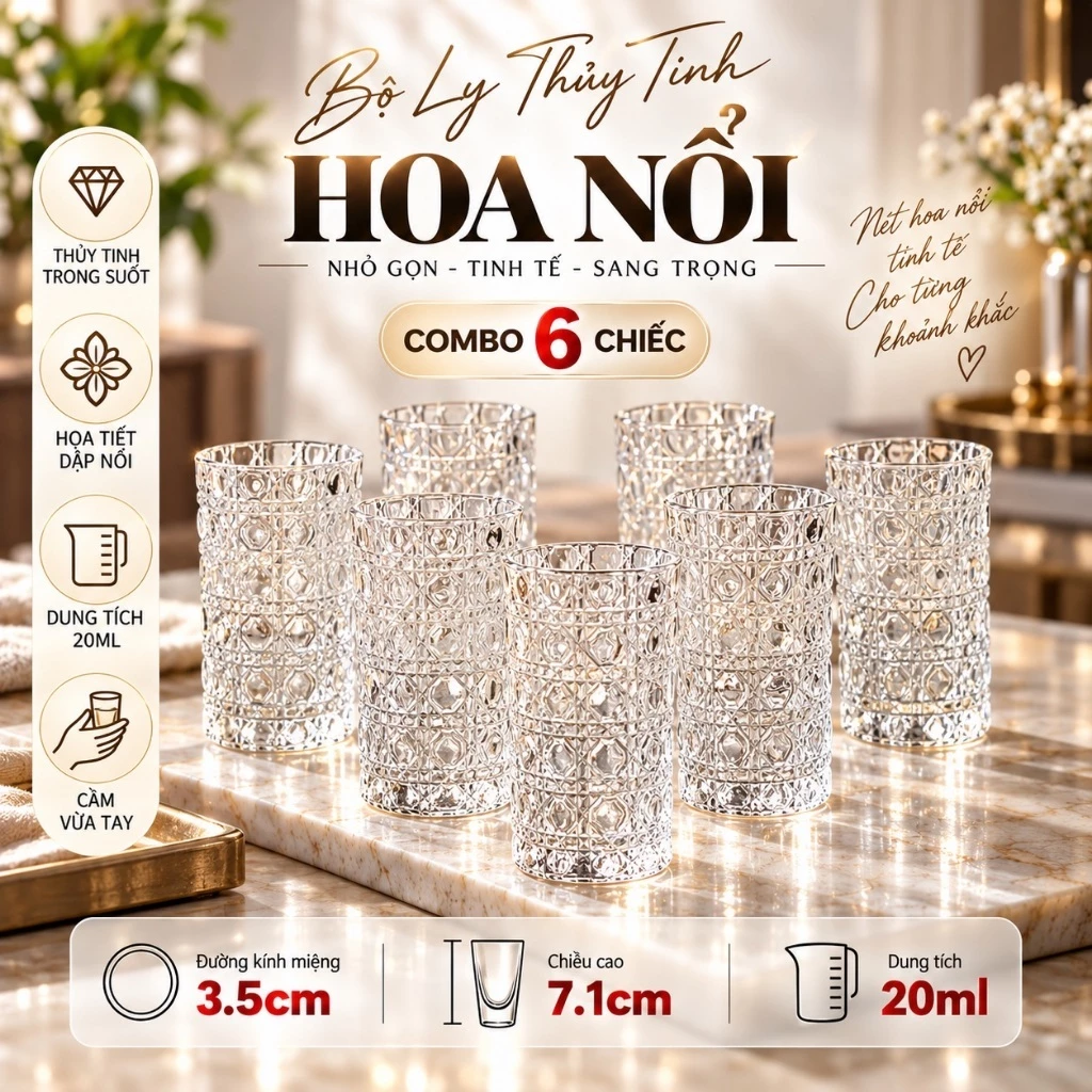 Ly Thuỷ Tinh Vân Nổi Bộ 6 Chiếc Cốc Thuỷ Tinh Cao Cấp Dung Tích 20ml Sang Trọng Phục Vụ Nhiều Bữa Tiệc