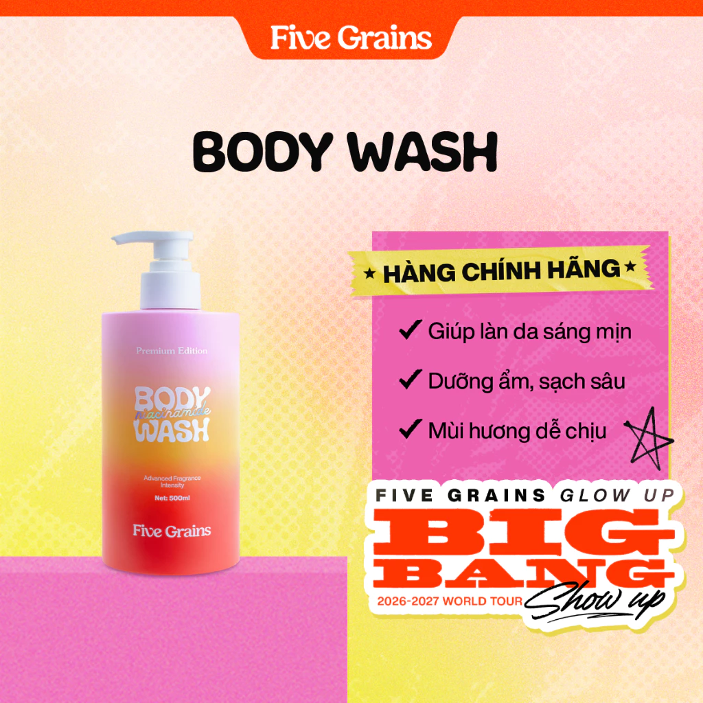 Sữa tắm Cao cấp Five Grains giúp dưỡng trắng da Niacinamide lưu hương nước hoa 500ML phiên bản nâng cấp