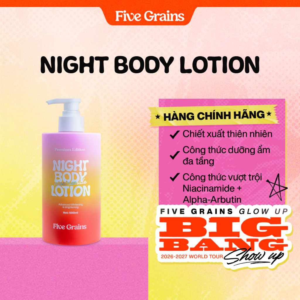 Kem dưỡng body Cao cấp Five Grains dưỡng trắng da Niacinamide, Alpha-Arbutin ban đêm bản nâng cấp 500ML