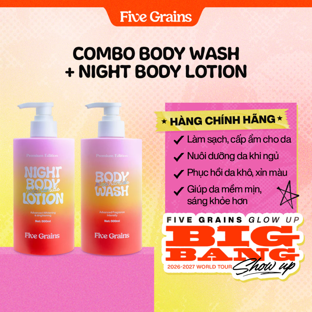 Combo dưỡng trắng da body sữa tắm, kem dưỡng ban đêm Five Grains Niacinamide, Alpha-Arbutin 500ml