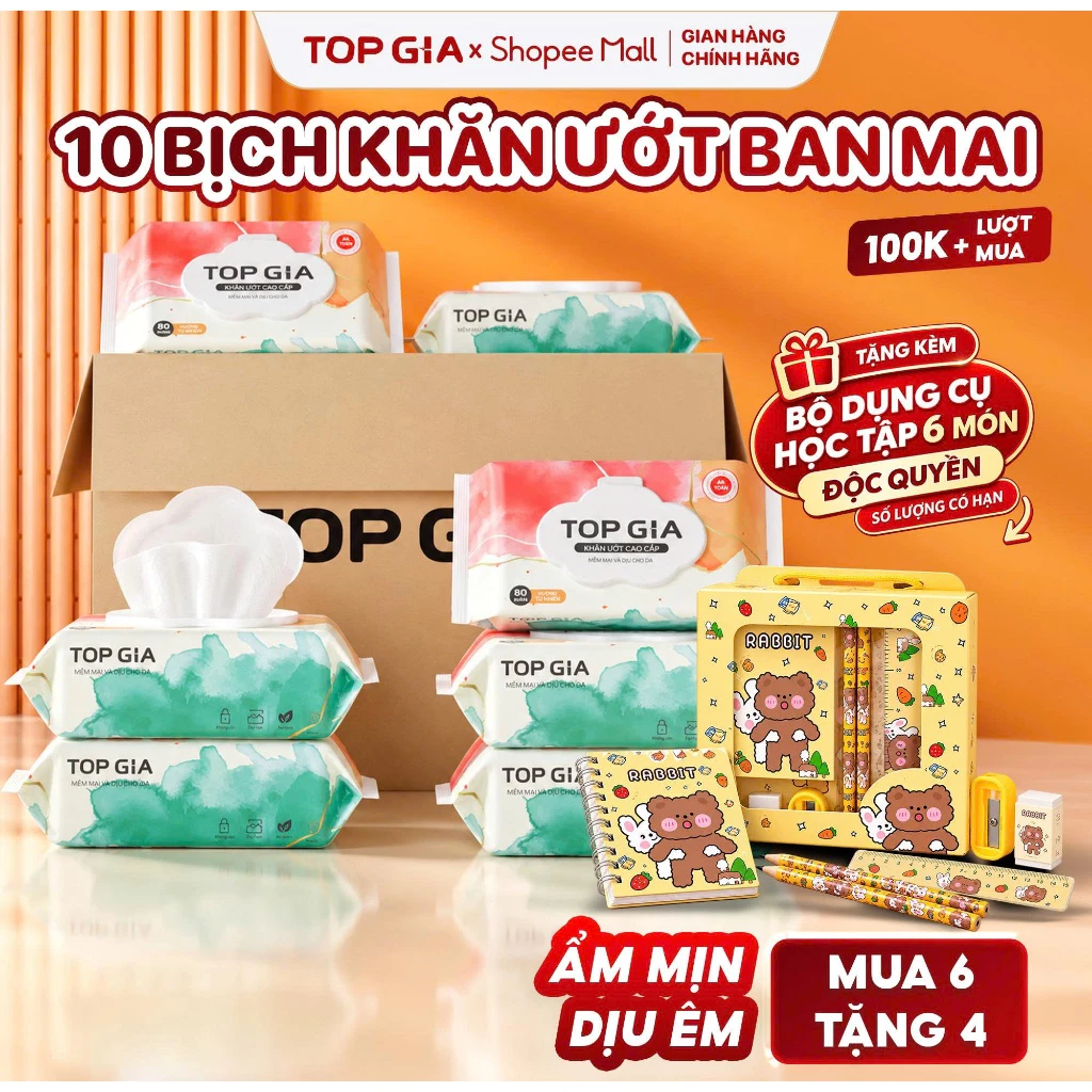 [TẶNG BỘ DỤNG CỤ] Khăn ướt Topgia 80 tờ mềm mại,không mùi không parabens dành cho em bé
