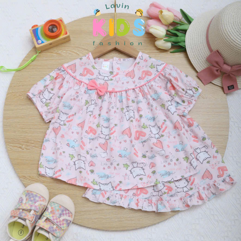 Bộ tole lanh tay ngắn áo viền nơ form babydoll cho bé gái size 8-16kg