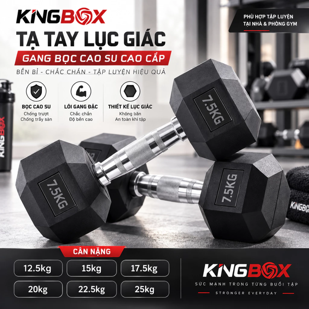 Tạ tay lục giác gang bọc cao su KingBox 17.5kg, 20kg, 22.5kg, 25kg, 27.5kg, 30kg tập gym tại nhà