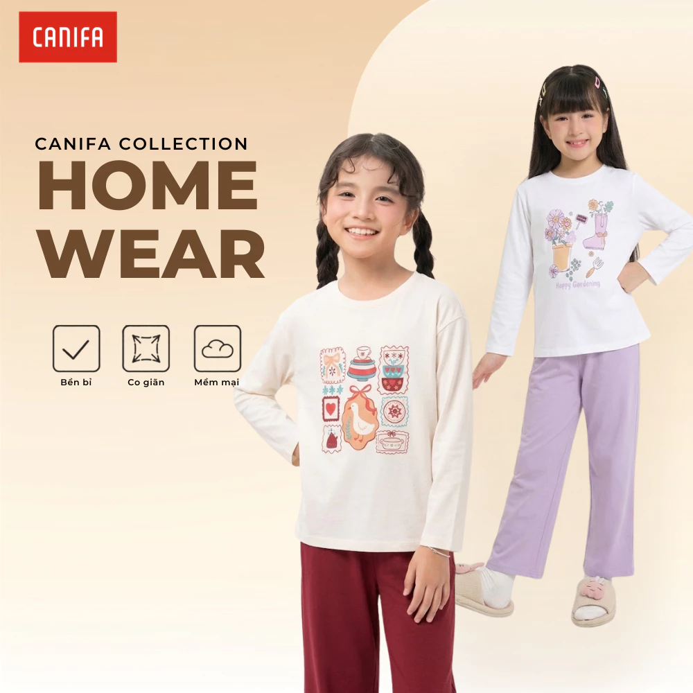 Bộ quần áo bé gái cotton CANIFA mặc nhà mềm mại thoải mái có chứng chỉ OEKOTEX an toàn với da 1LS26W007