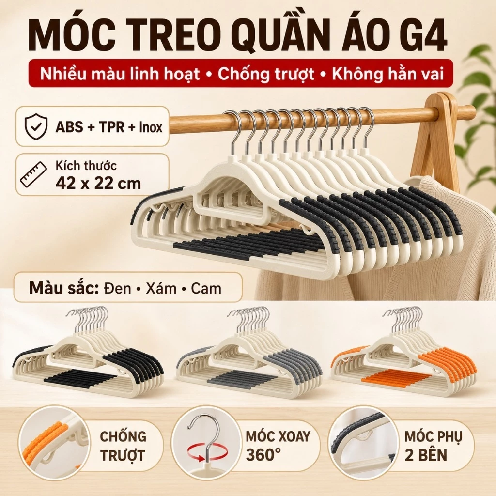 Móc Treo Quần Áo Chống Trượt G04 Móc Phơi Quần Áo Bằng Nhựa ABS Quai Móc Inox Chắc Chắn Bền Bỉ Treo Phơi Quần Áo Tiện Lợ
