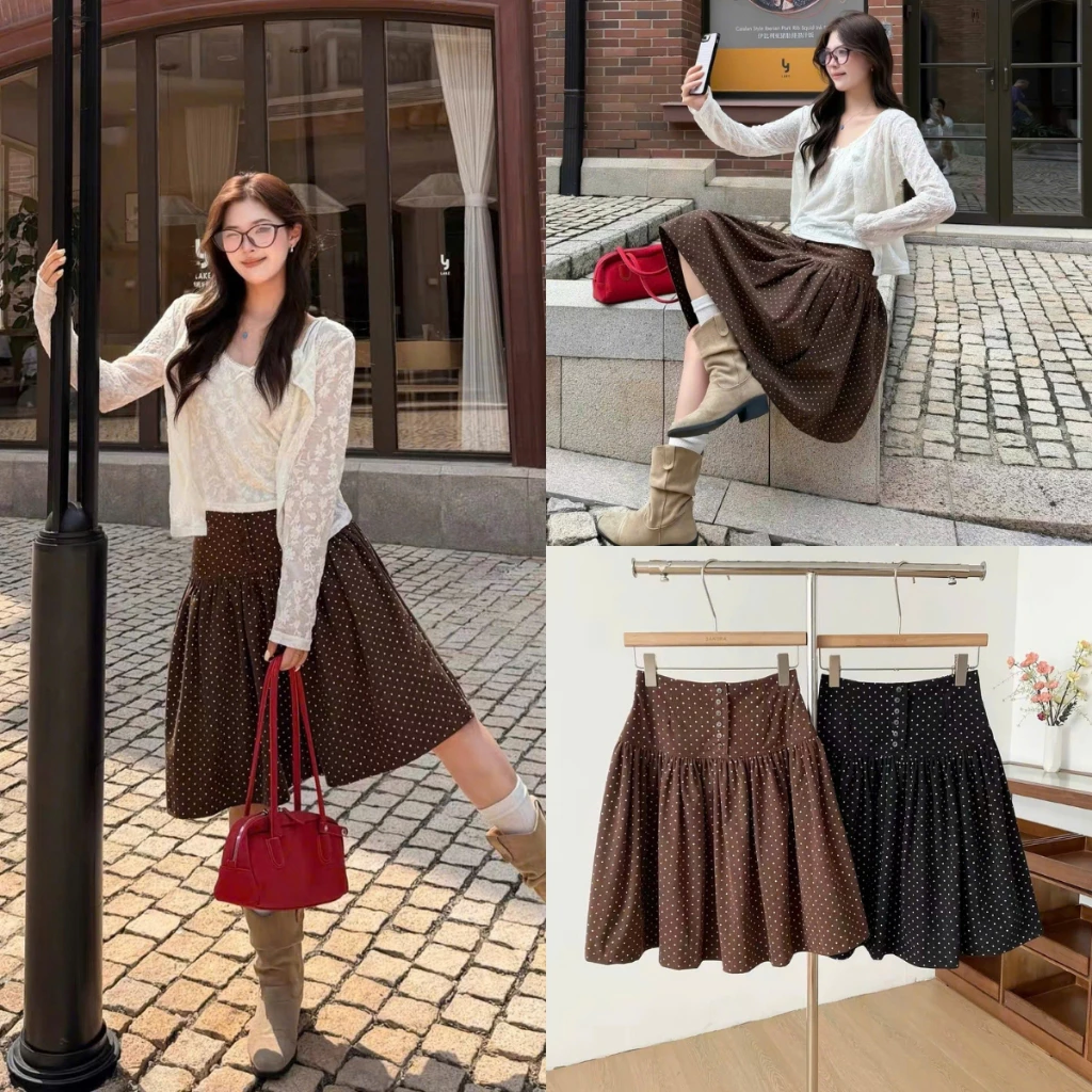 Chân váy nhung tăm vintage chấm bi Amber phối cúc - V906