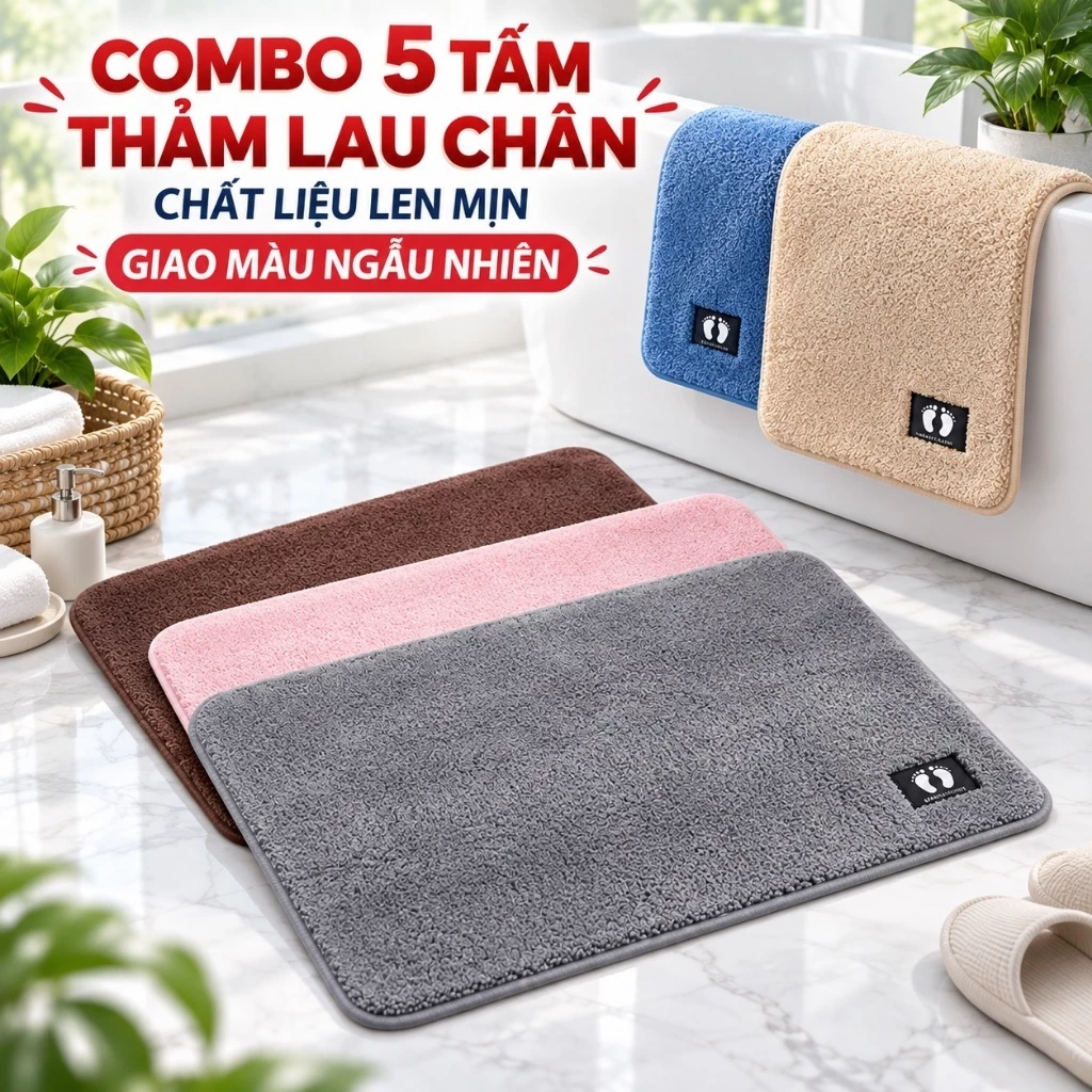 Bộ 5 Thảm Lau Chân Kích Thước 40x60cm Chất Liệu Lông Cừu Len Mịn Siêu thấm Hút