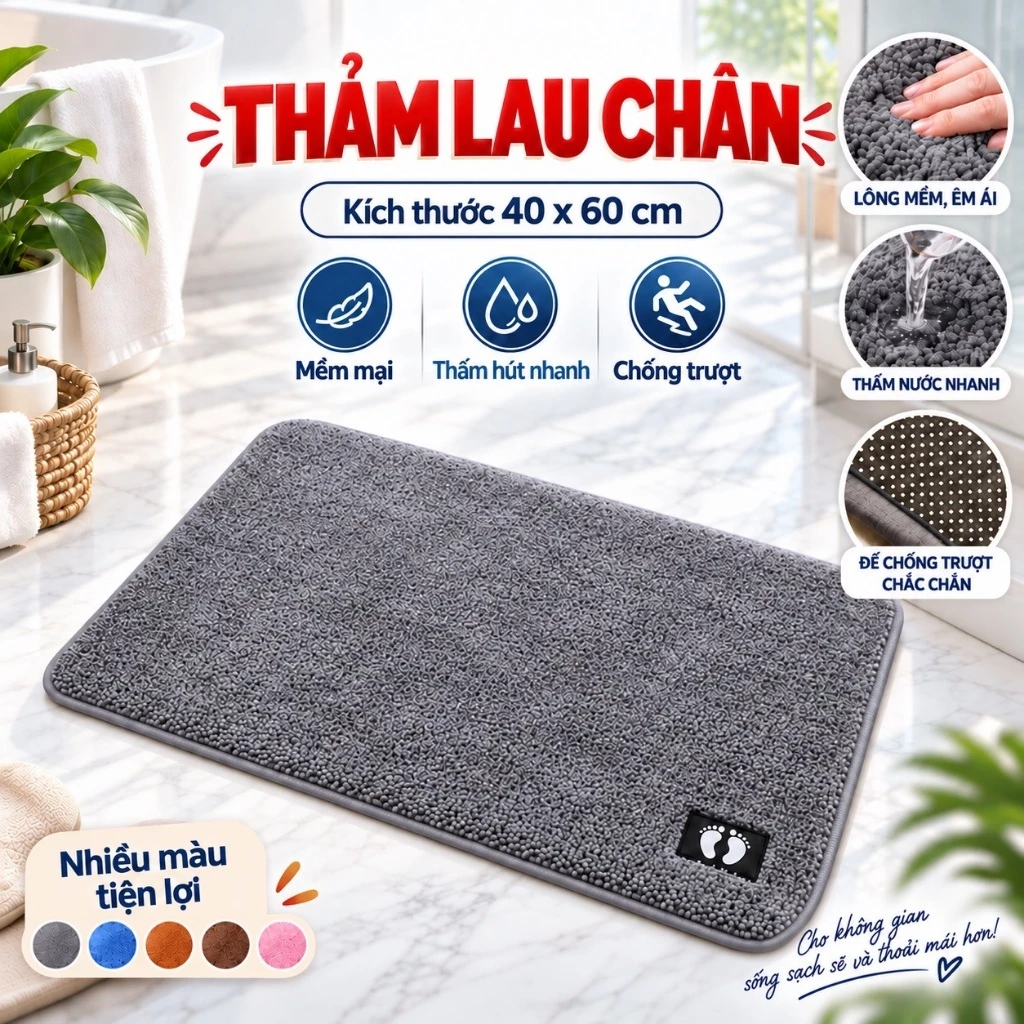 Thảm Chùi Chân Siêu Thấm Hút Thảm Lau Chân Mềm Mịn Chống Trơn Trượt