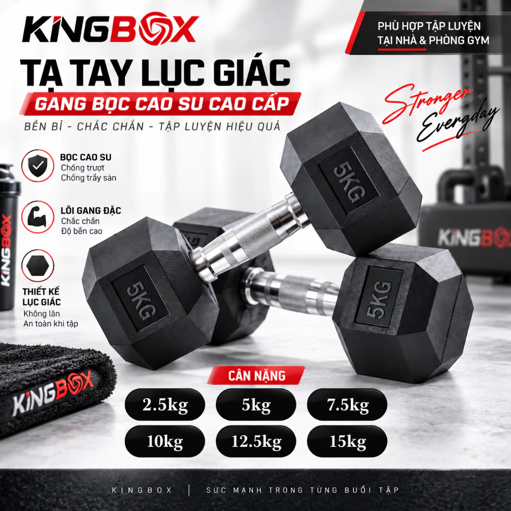 Tạ tay lục giác gang bọc cao su KingBox 2.5kg, 5kg, 7.5kg, 10kg, 12.5kg tập gym tại nhà