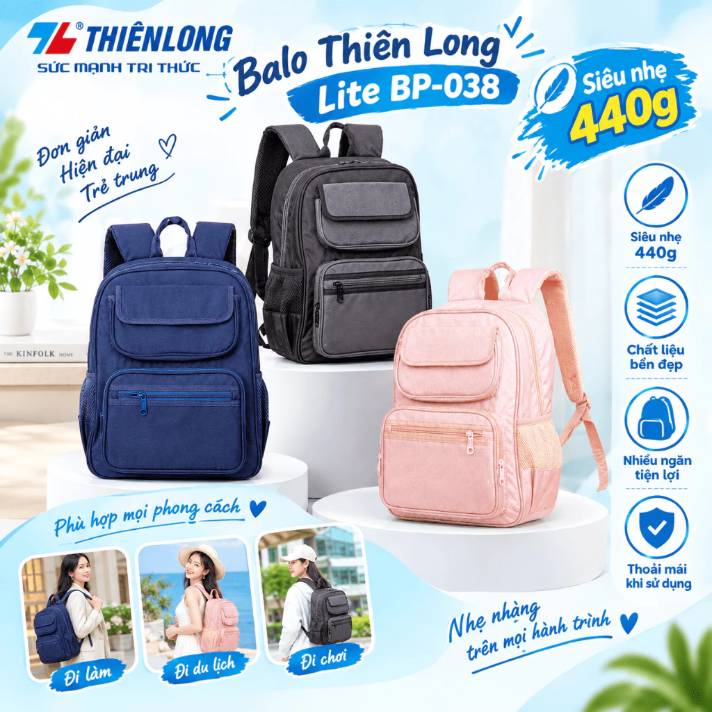 Balo Thiên Long BP-038 Lite – Siêu Nhẹ 440g, Vải PU Chống Thấm, Thiết Kế Tối Giản
