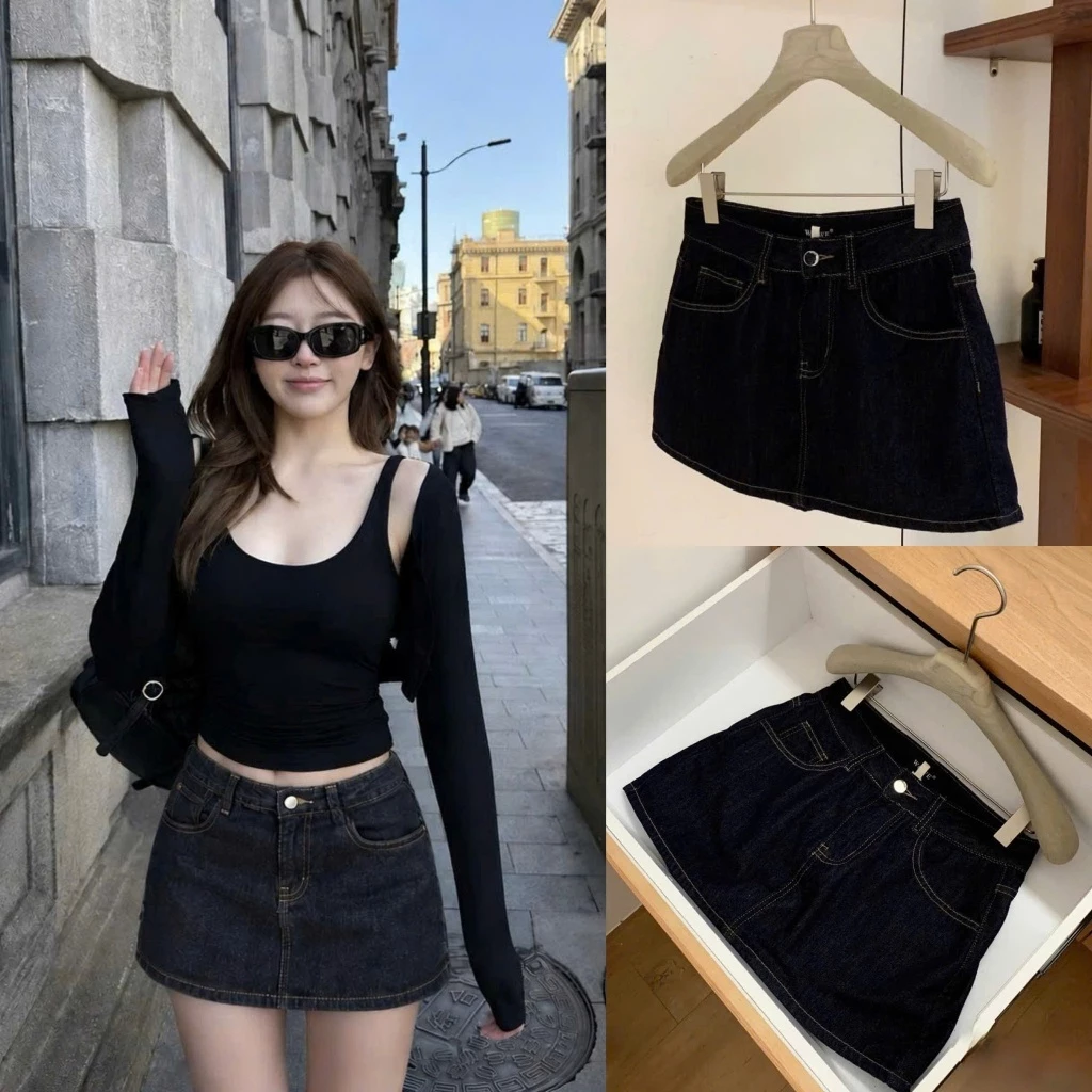 SUXING | Chân Váy Denim Dáng Ngắn Form Chữ A Chỉ Nổi Hottrend