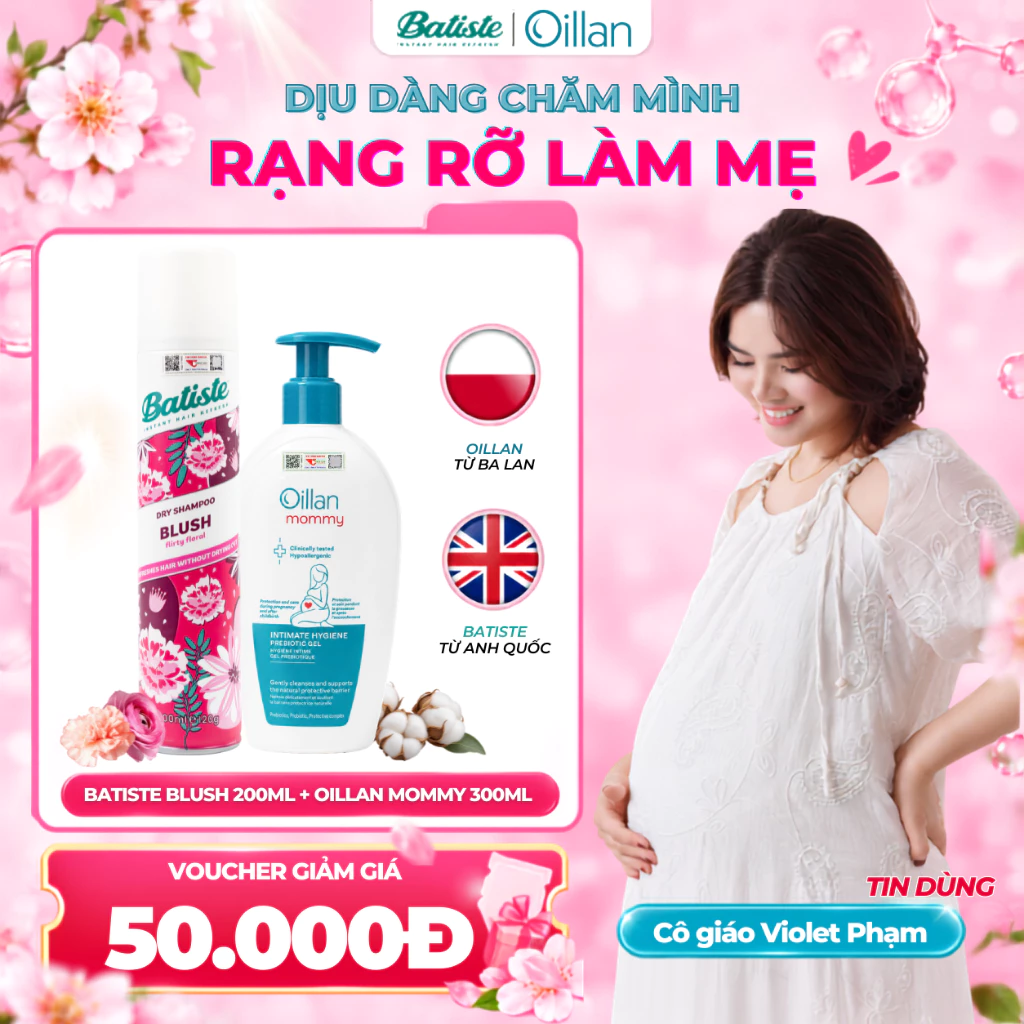 [MẸ RỰC RỠ] Combo Dầu Gội Khô BATISTE Blush 200ml + Dung Dịch Vệ Sinh Cho Mẹ Bầu OILLAN Mommy 300ML