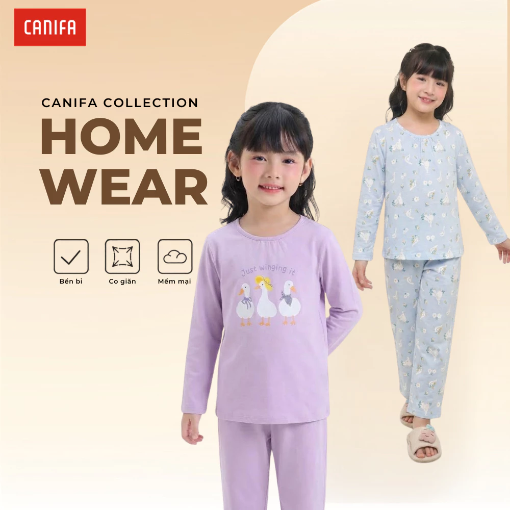 Bộ quần áo dài tay bé gái CANIFA hoạ tiết đáng yêu chất cotton mềm mại có chứng chỉ OEKOTEX an toàn với làn da 1LS26W001