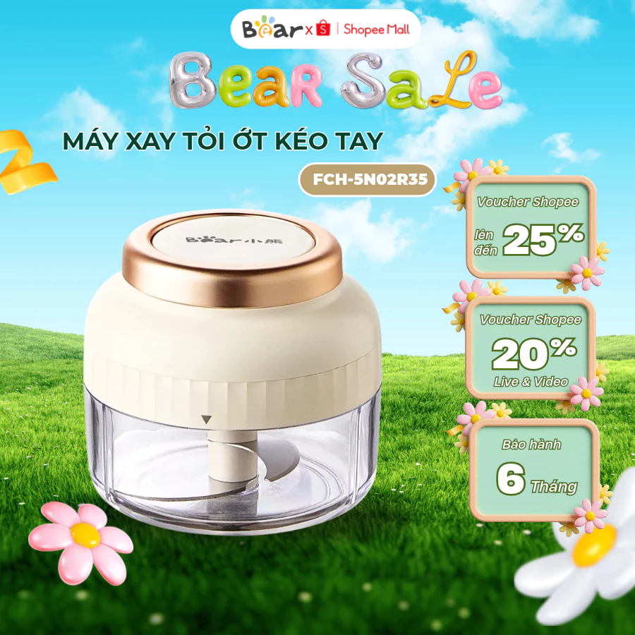 Máy Xay Tỏi Ớt Mini Bear FCH-5N02R35 (CX-JE033), Kéo Tay Thủ Công, Dung Tích 0.2L, 3 Lưỡi Dao