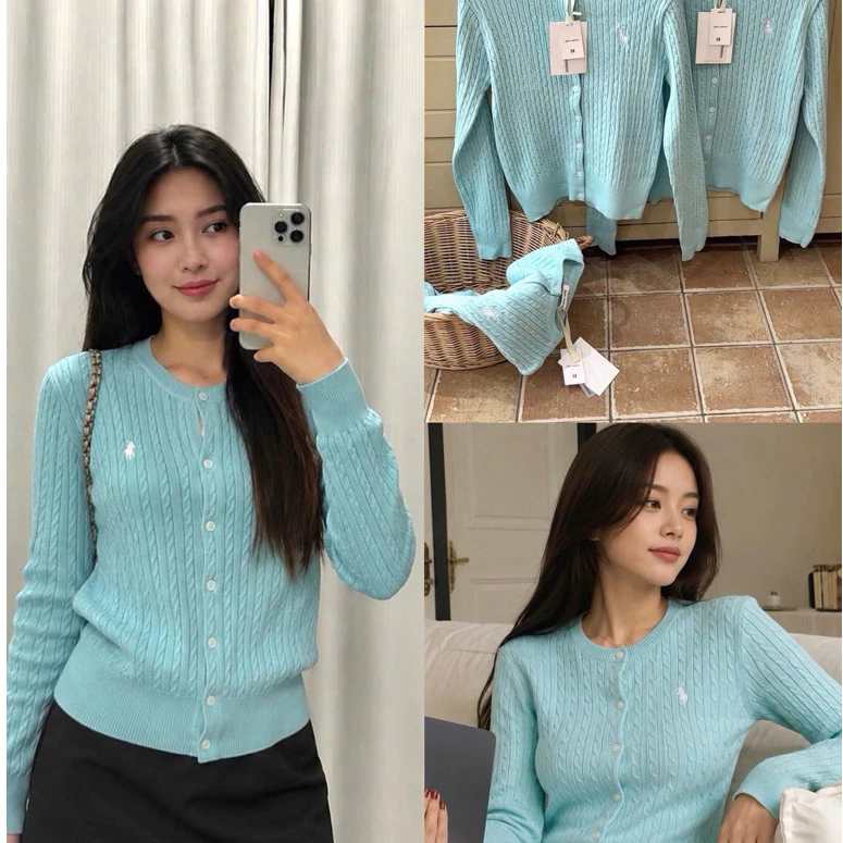 Áo len cardigan Jade Maison vặn thừng màu xanh mint cổ tròn tay dài họa tiết thêu nữ tính NA125