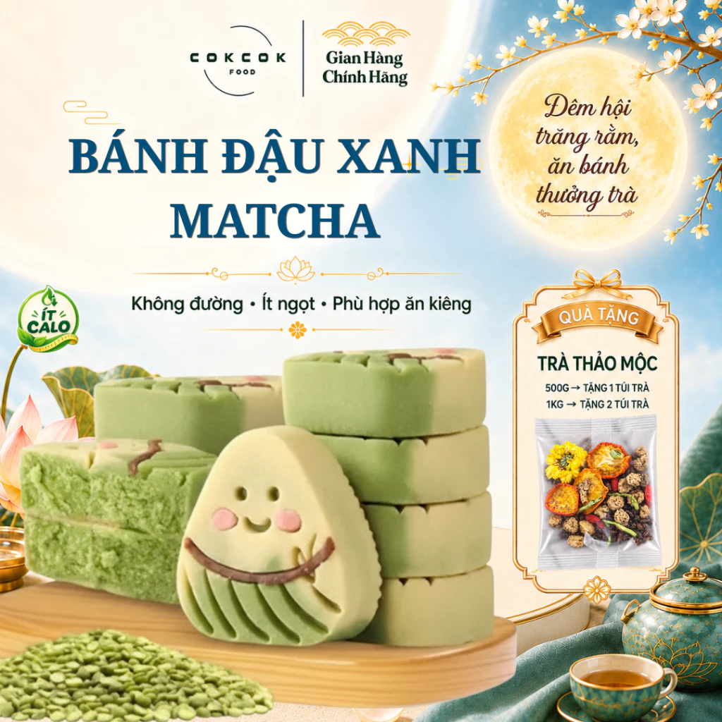 Bánh Đậu Xanh Matcha Không Đường Cokcok Food, Ít Calo Healthy, Bánh Thực Dưỡng Tốt Cho Sức Khỏe, Mềm Mịn, Thanh Mát