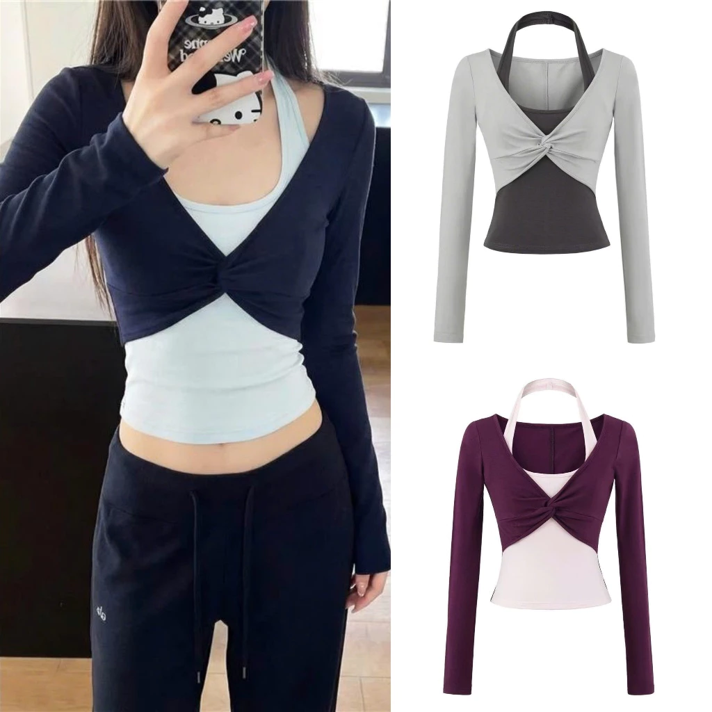 Set áo thun dài tay dáng croptop và áo yếm dáng ôm màu cơ bản mùa thu sexy - TikTik