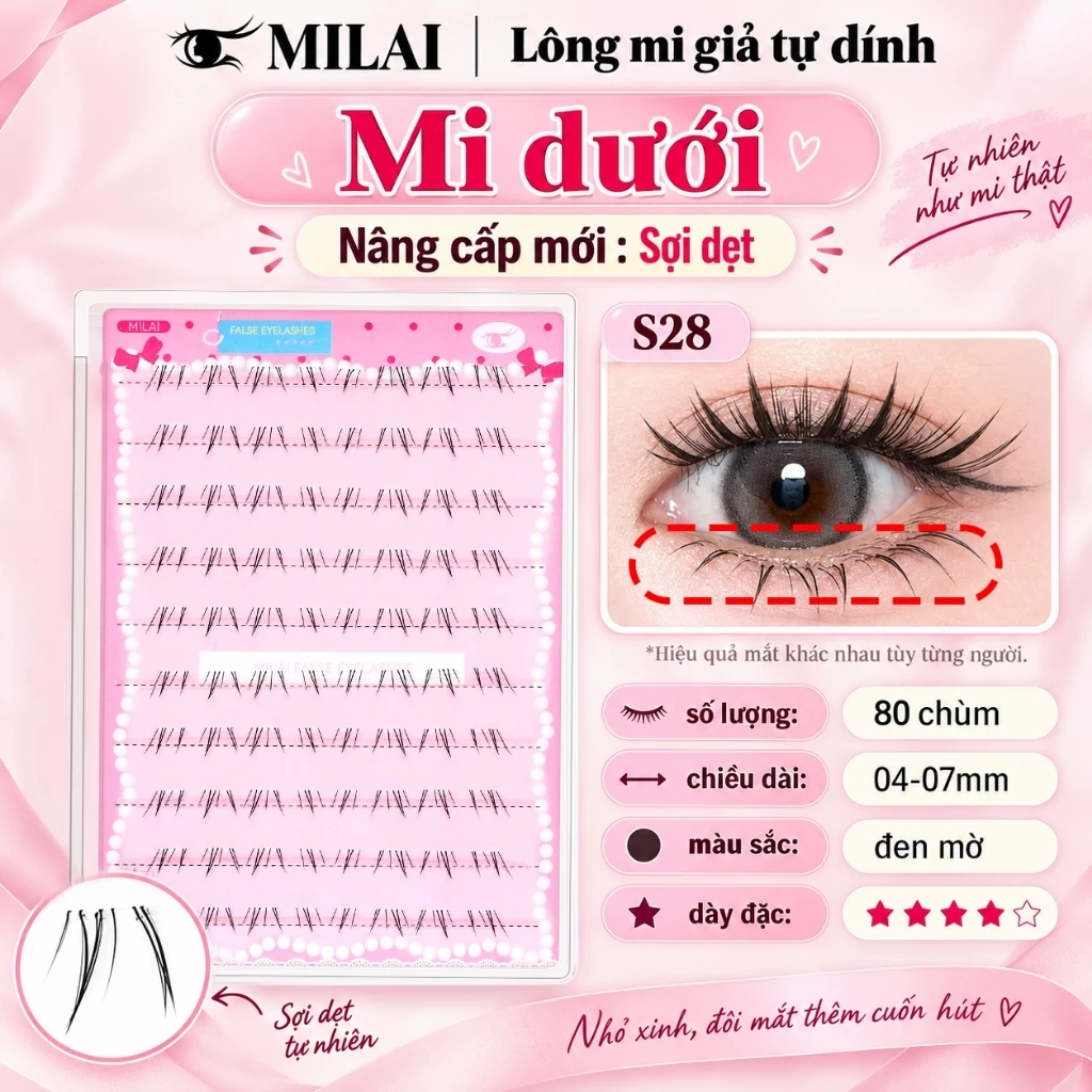 Mi dưới giả MILAI S28 sợi dẹt tự dính 80 chùm dài 4-7mm màu đen mờ trang điểm mắt tự nhiên hàng ngày
