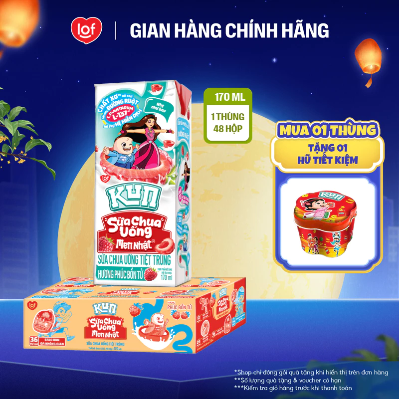 Sữa chua uống tiệt trùng KUN hương phúc bồn tử thùng 48 hộp x 170ml
