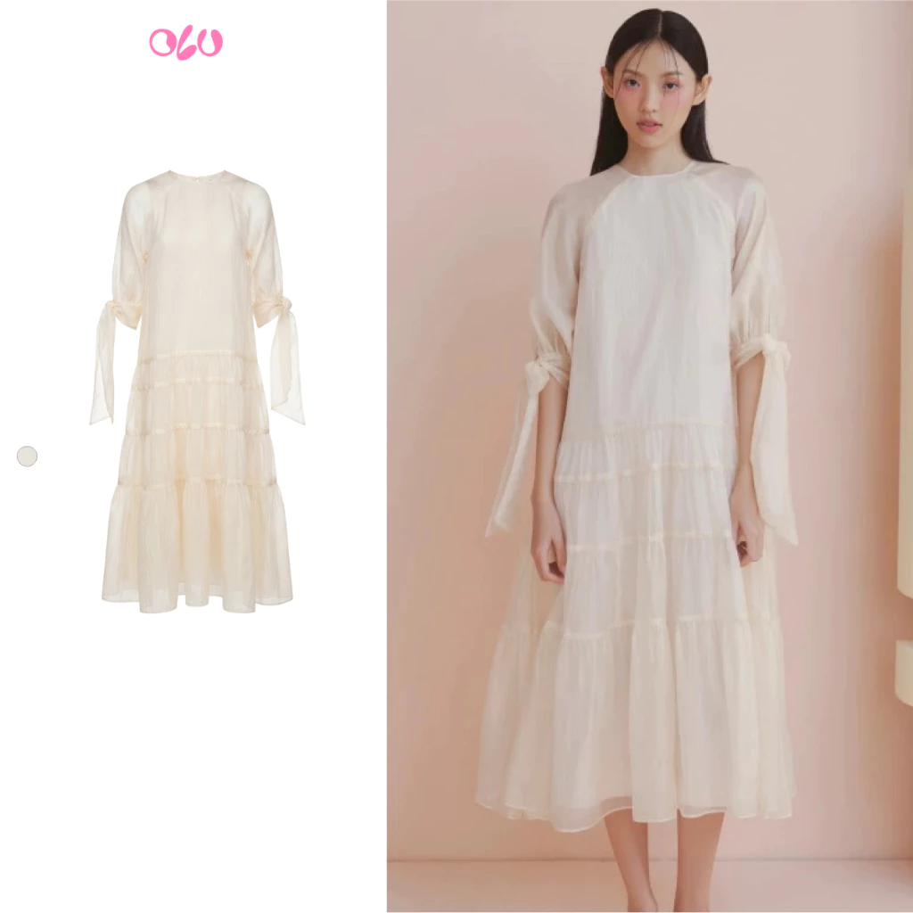 Đầm OLV suông tay lửng thắt dây nữ tính Ivory Chiffon Tiered Tie Sleeves Dress phù hợp đi chơi