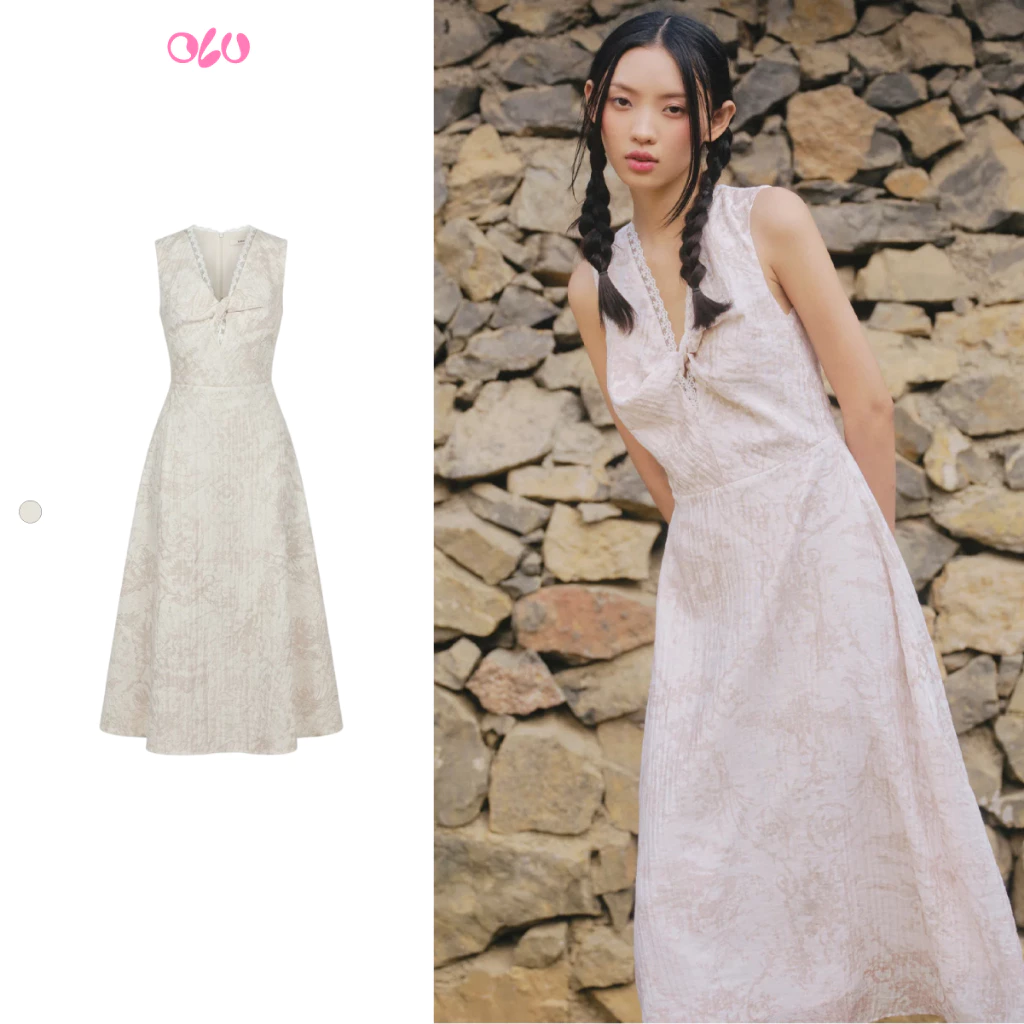 Đầm OLV tơ dài cổ V họa tiết loang Ivory Marble Maxi Dress thanh lịch phù hợp đi chơi