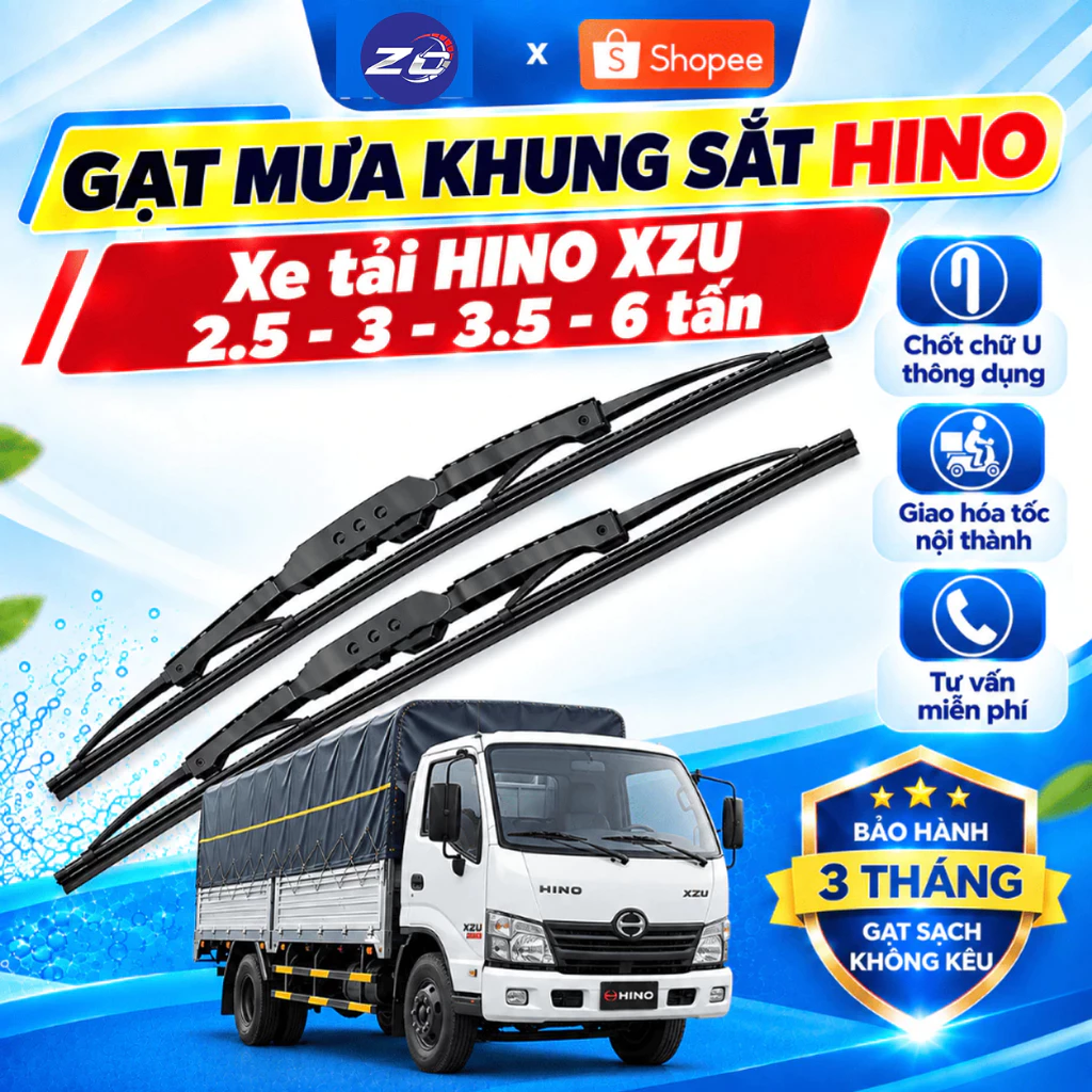 [XE TẢI HINO] Bộ cần gạt nước mưa xe tải HINO XZU 2.5 -3-3.5-6 tấn, cây gạt khung sắt lưỡi silicon làm sạch kính ô tô