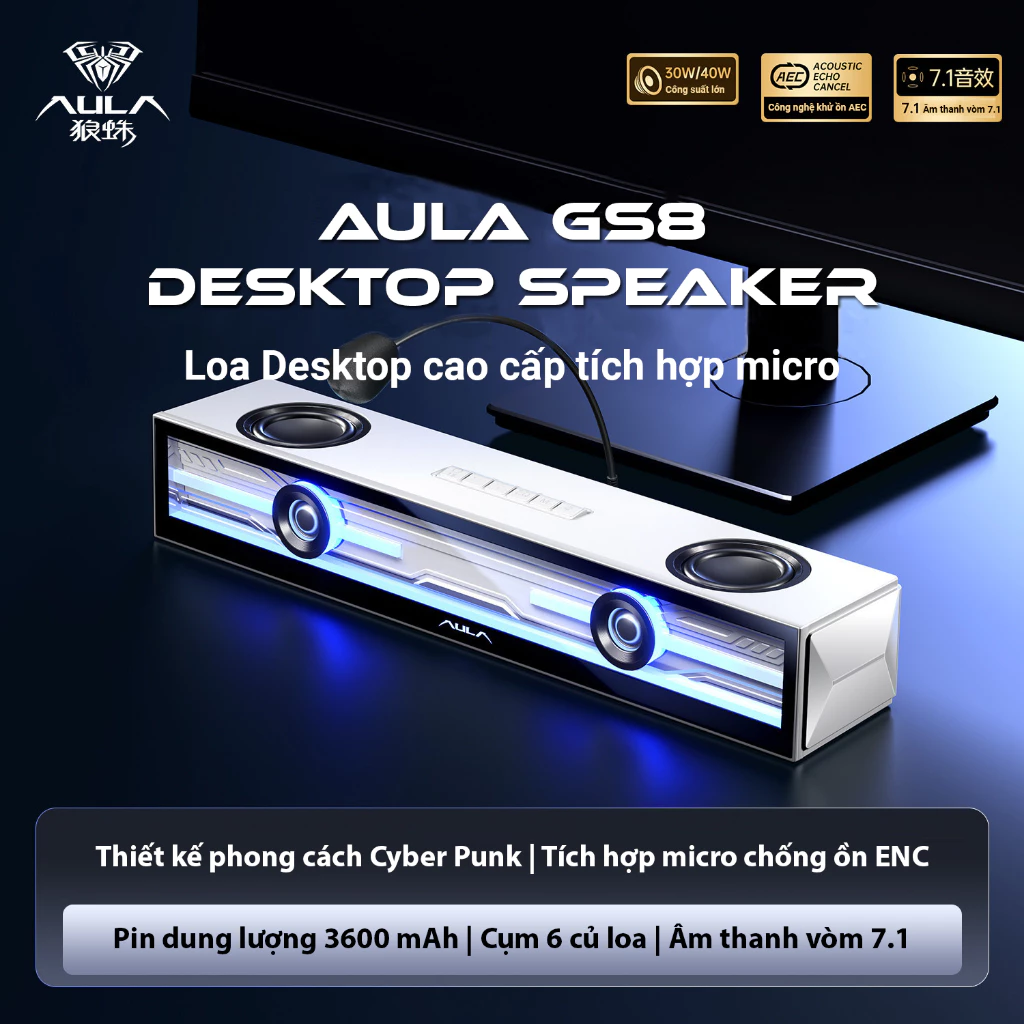 Loa Bluetooth Gaming AULA GS8 - Thiết kế soundbar tiết kiệm diện tích - Âm thanh vòm 7.1 có led RGB - BH hãng AULA 12T