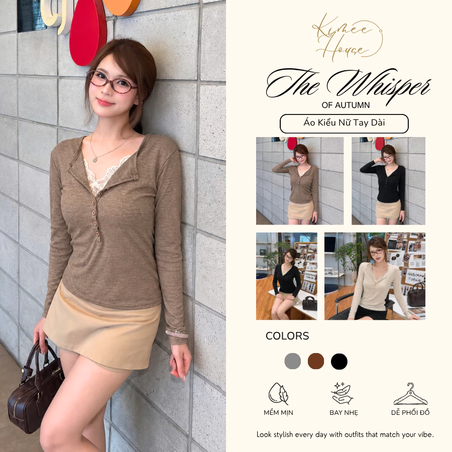Áo Thun Cardigan Kiểu Nữ Tay Dài Cổ V Phối Ren Cài Cúc Ôm Body Phong Cách Hàn Quốc Mùa Thu Đông Kimee - KA966