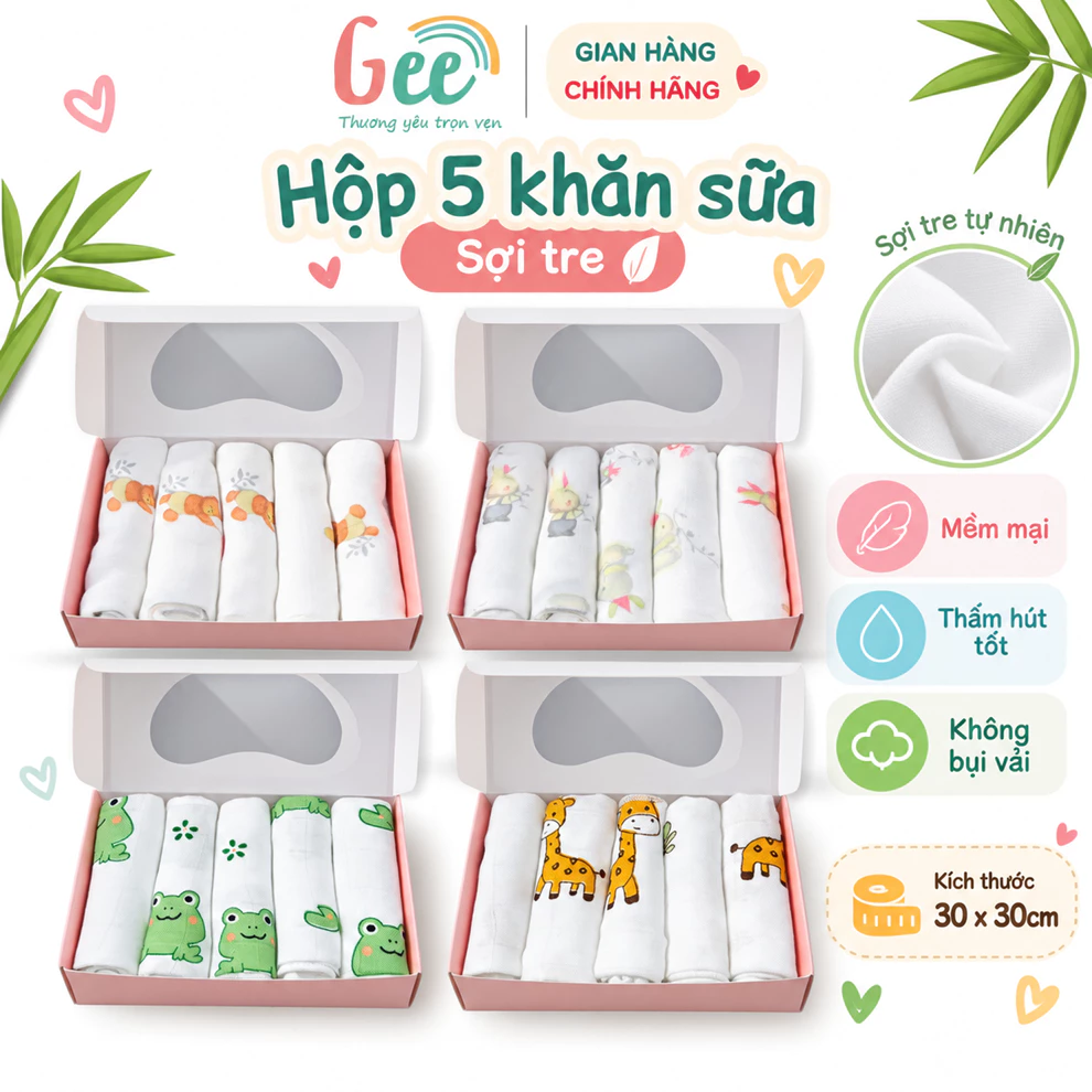Khăn sữa sợi tre Gee cao cấp, set 5 khăn xô mềm mịn, thấm hút, kháng khuẩn, an toàn, lành tính, 2 lớp kích thước 30x30cm