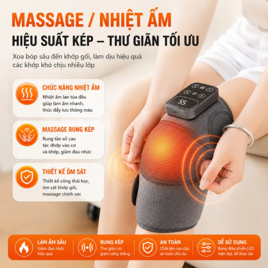 Máy Massage Đầu Gối Không Dây Rung 3D Chườm Nóng Hồng Ngoại Hỗ Trợ Giảm Đau Xương Khớp