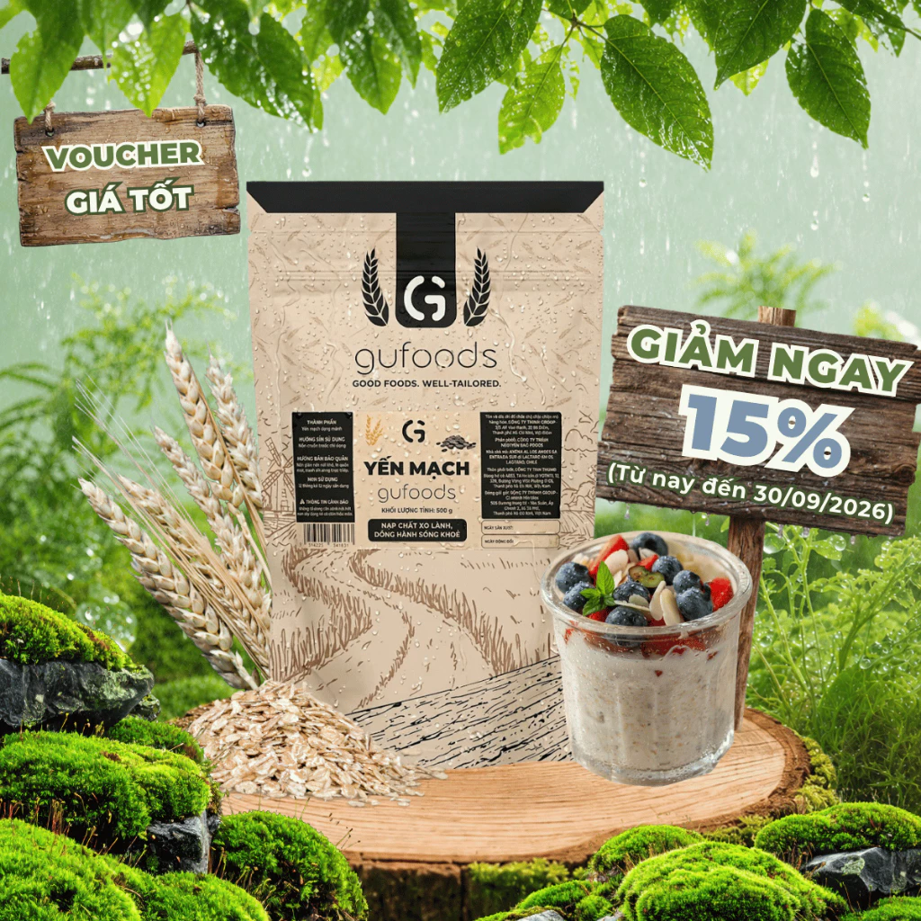 Yến mạch tươi cán mỏng (cán dẹt) GUfoods - Giàu chất xơ, Healthy, Tập gym, Eat clean (túi zip 500g)